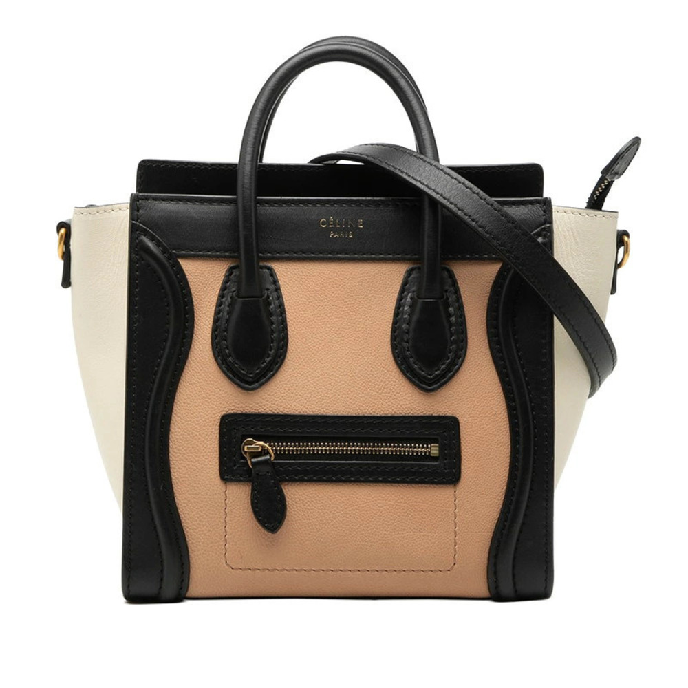 Celine Luggage Tote Shopper 2way Shoulder Bag Beige Cream Black White Leather